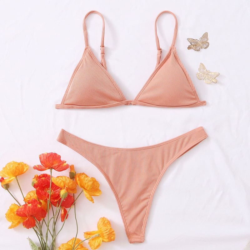 

Ribbed Triangle Tanga Bikini Swimsuit, Pastel baby pink