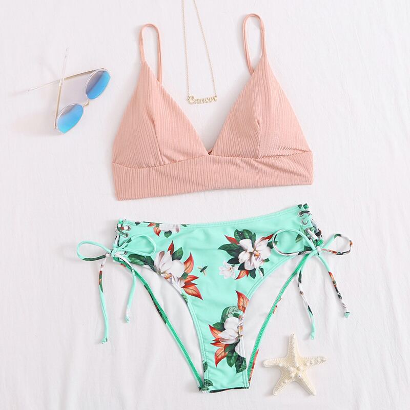 

Lace-up Side High Waist Floral Bikini Swimsuit, Multicolor