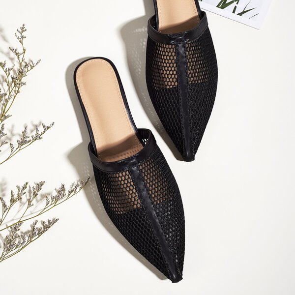

Mesh Point Toe Flat Mules, Black