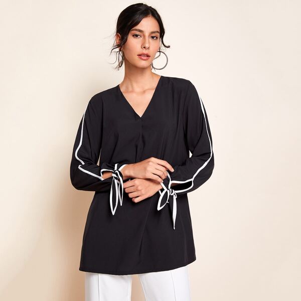 

Contrast Binding Knot Cuff Blouse, Black