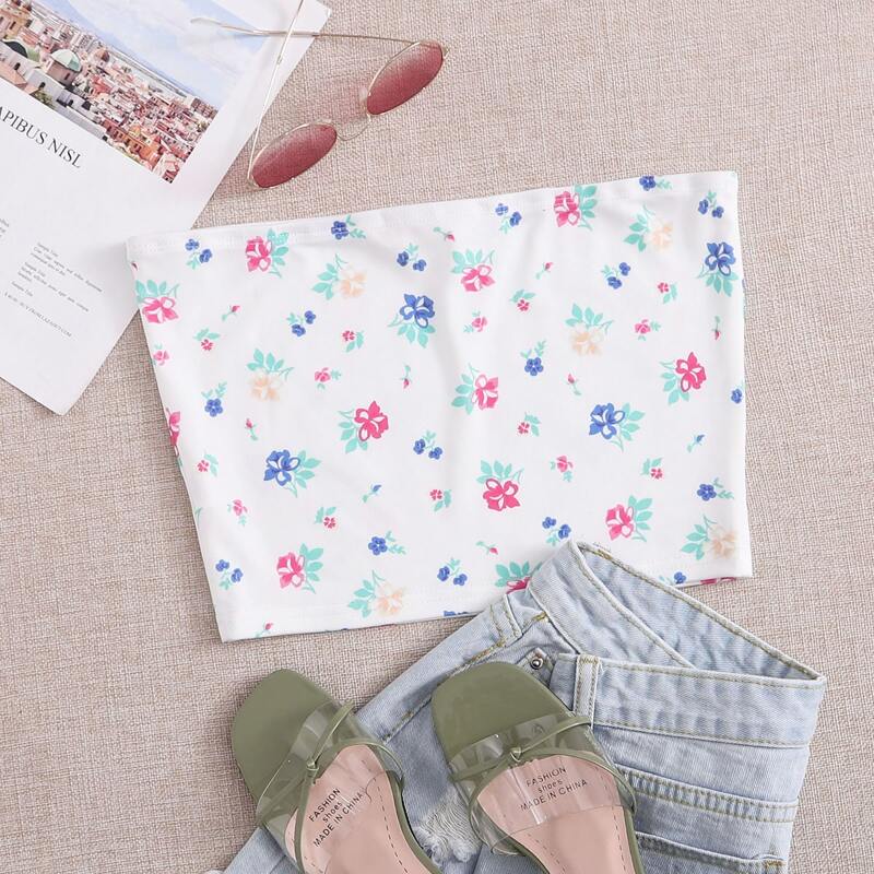 

Floral Crop Tube Top, White