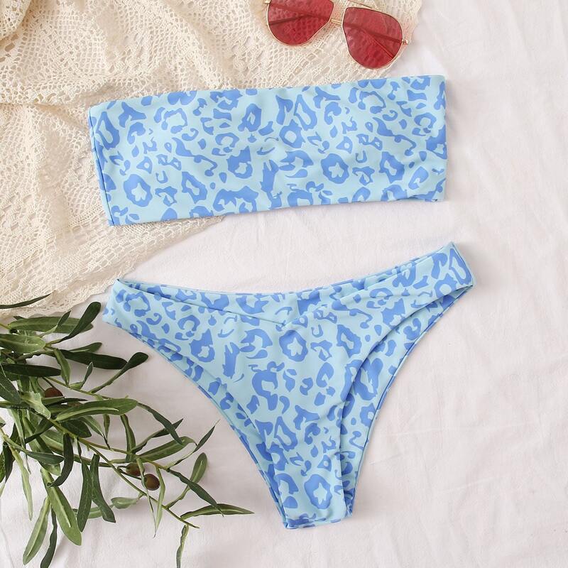 

Leopard Bandeau Bikini Swimsuit, Pastel baby blue