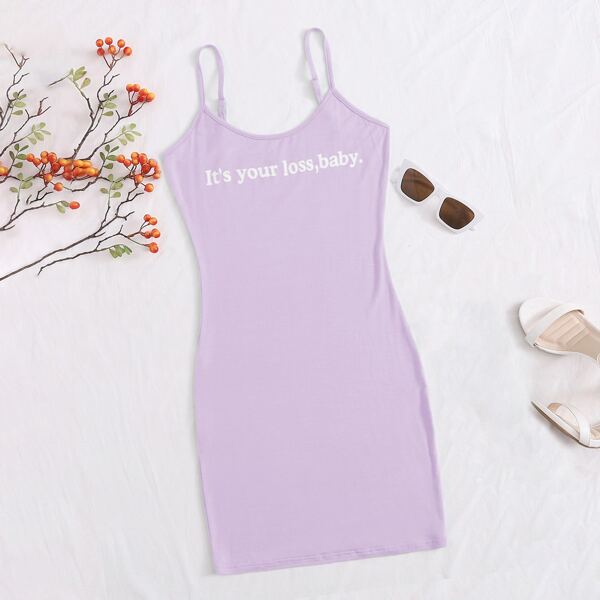 

Slogan Graphic Bodycon Dress, Pastel lilac purple