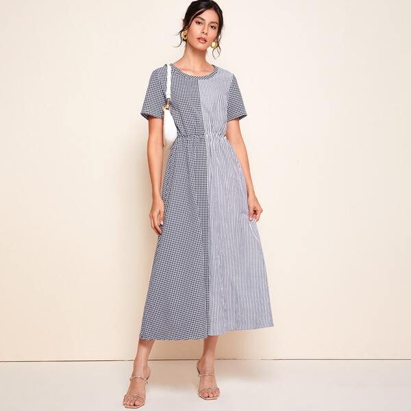 

Two Tone Plaid & Striped Dress, Multicolor