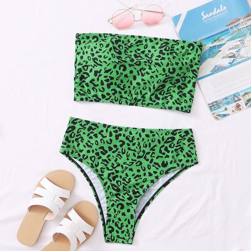 

Leopard Bandeau High Waist Bikini Swimsuit, Green