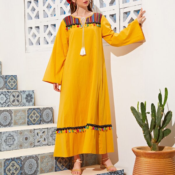 

Tribal Panel Tassel Trim Tie Neck Dress, Yellow bright