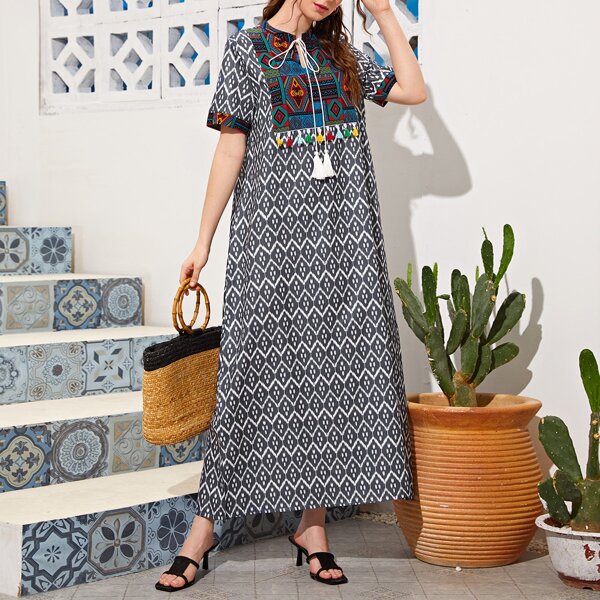 

Argyle Tribal Panel Tassel Trim Tie Neck Dress, Multicolor