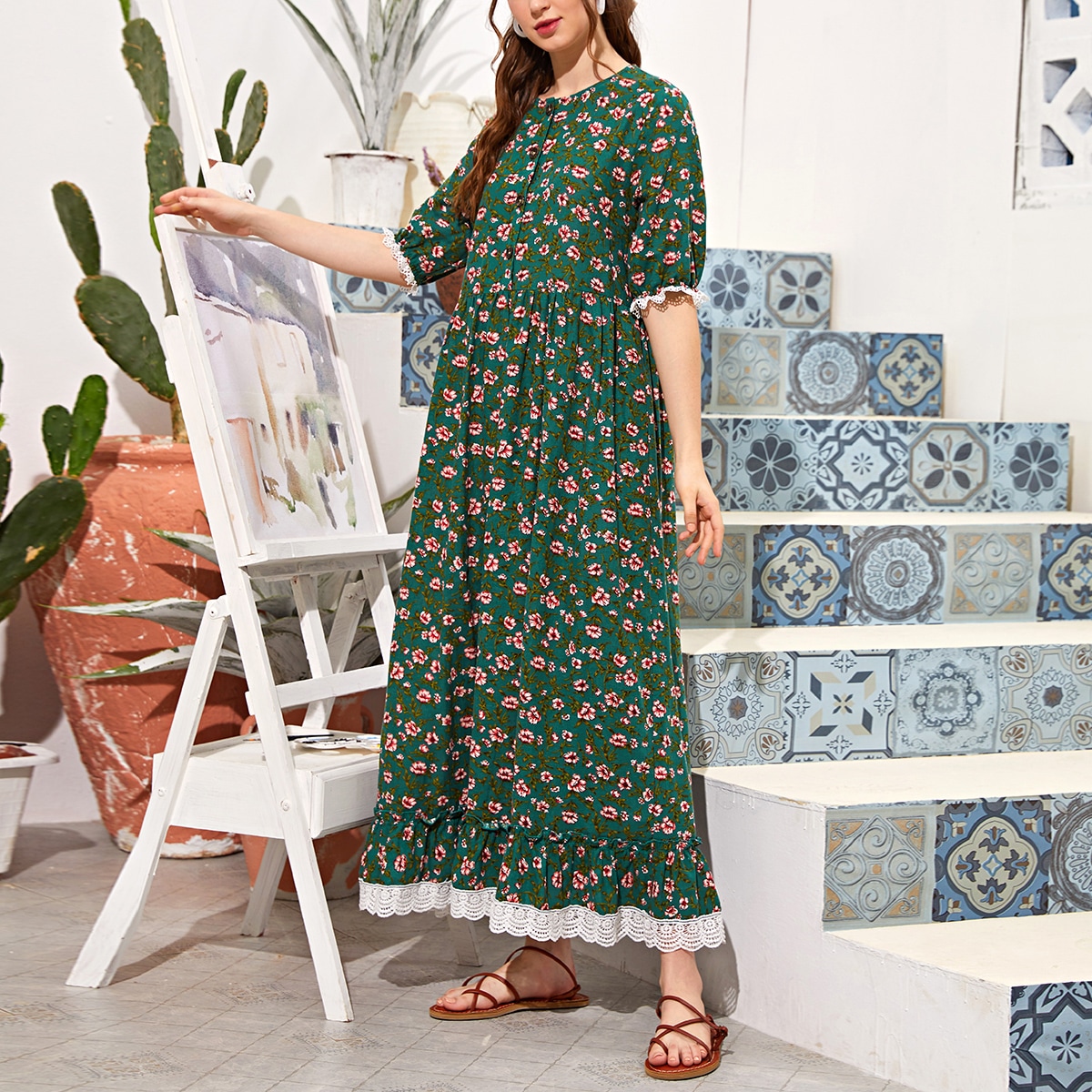 Image of Allover Floral Half Button Smock Dress