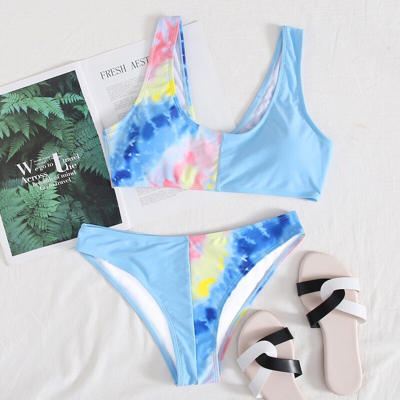 

Tie Dye Spliced Tank Bikini Swimsuit, Multicolor