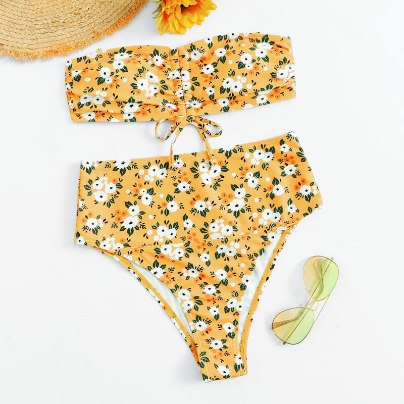 

Ditsy Floral Drawstring High Waist Bikini Swimsuit, Yellow
