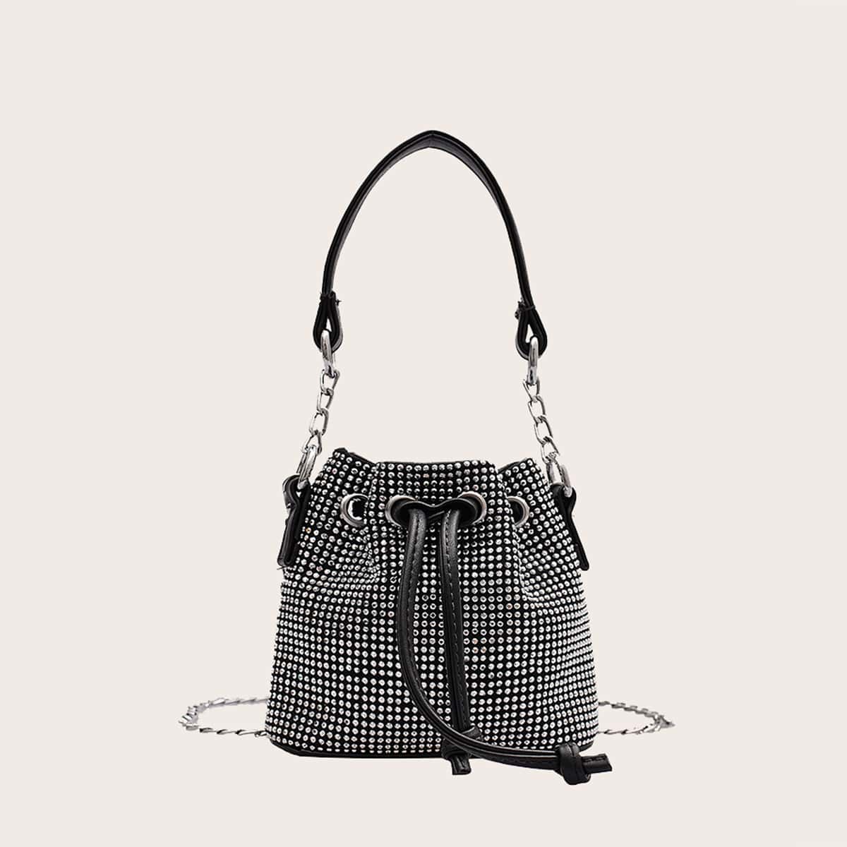 

Allover Rhinestone Bucket Bag, Black