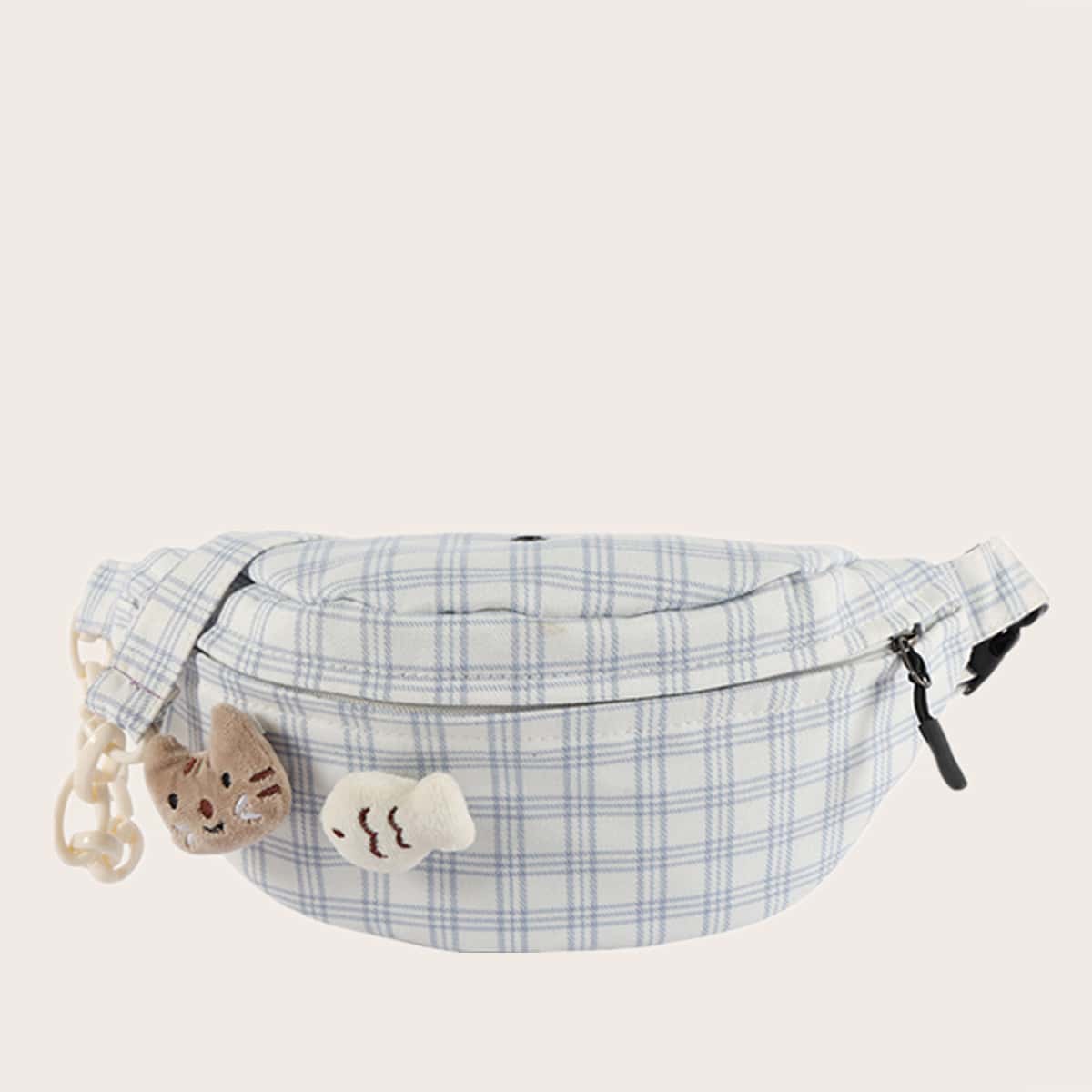 

Plaid Fanny Pack, Blue and white