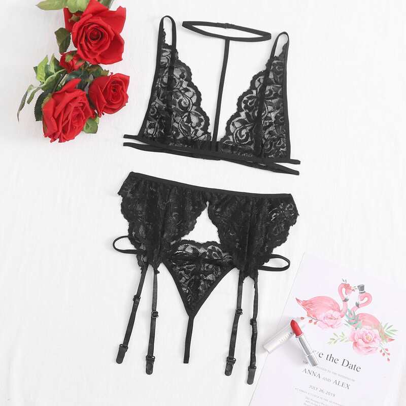 

Floral Lace Garter Lingerie Set With Choker, Black