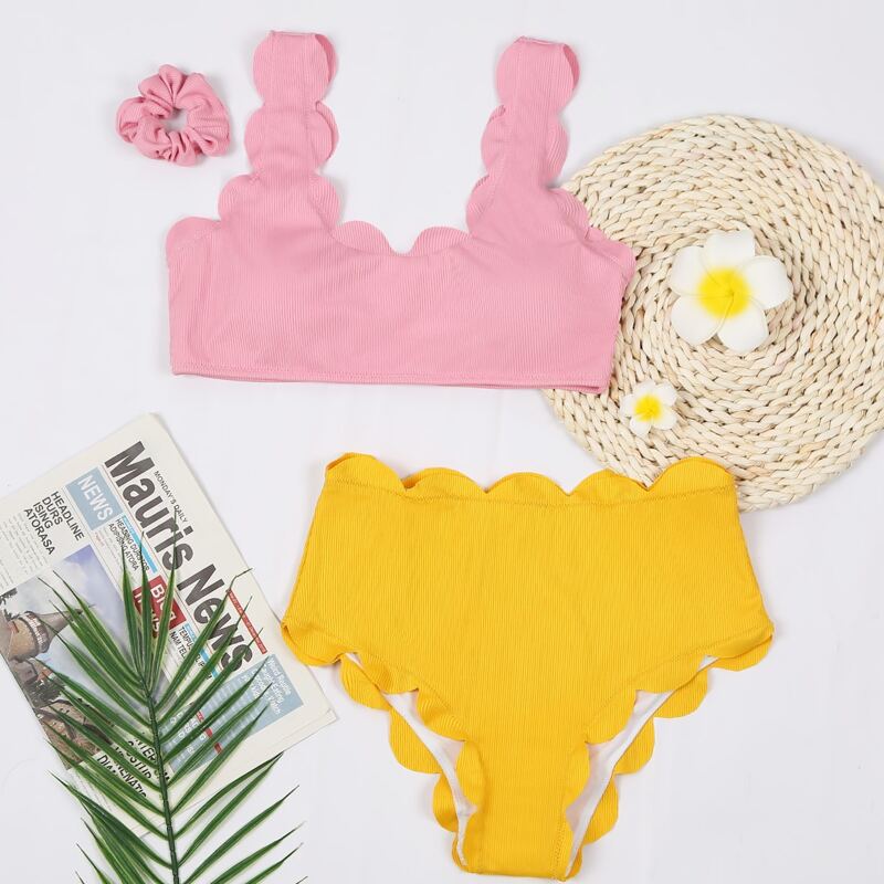 

Rib Two Tone Scallop Bikini Swimsuit & Scrunchie, Multicolor