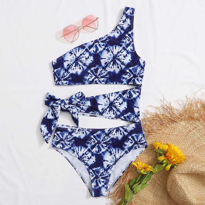

Tie Dye Cut-out One Shoulder One Piece Swimsuit, Navy blue