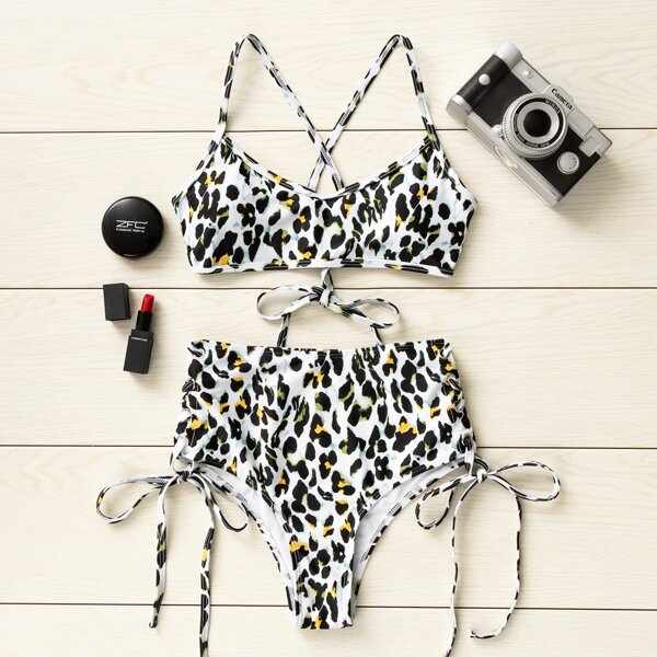

Allover Graphic Tie Side Bikini Swimsuit, Black and white