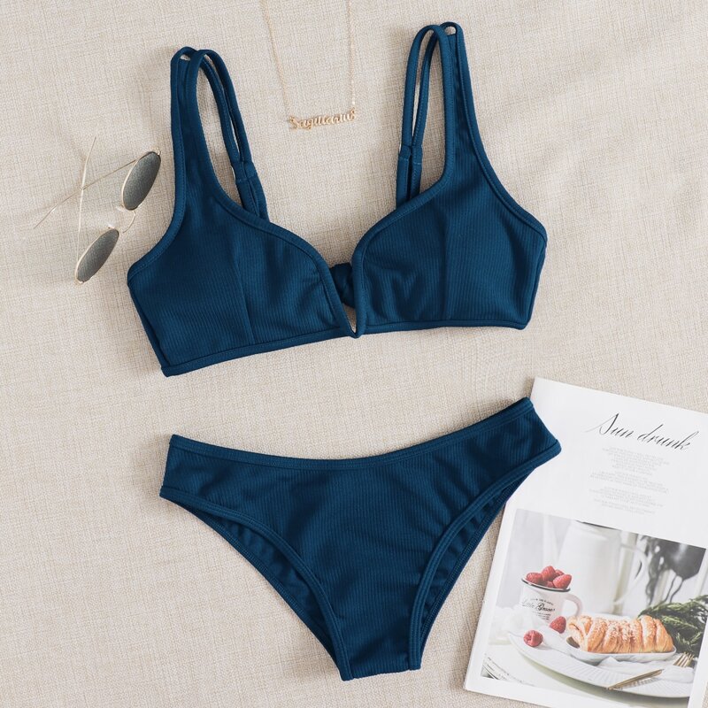 

Rib V Wired Bikini Swimsuit, Teal blue
