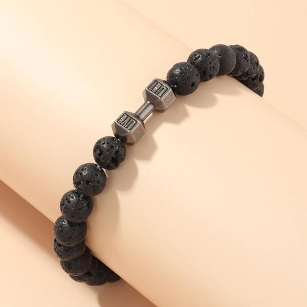 

Men Metal Decor Beaded Bracelet, Black