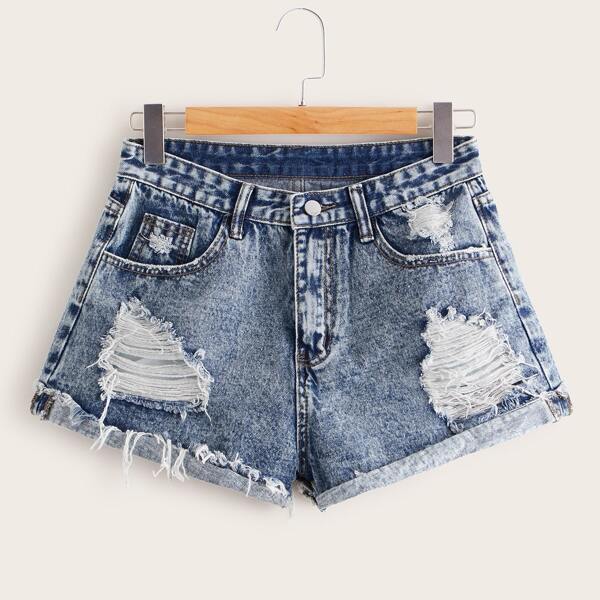 

Plus Ripped Rolled Hem Denim Shorts, Blue