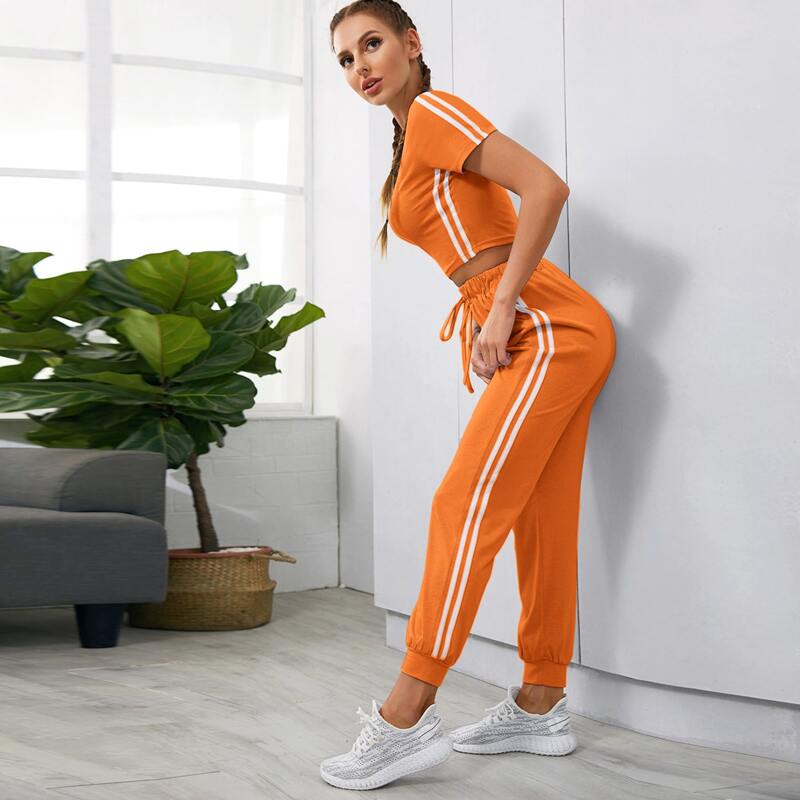 

Side Striped Ringer Sports Tee & Tie Front Sweatpants, Orange