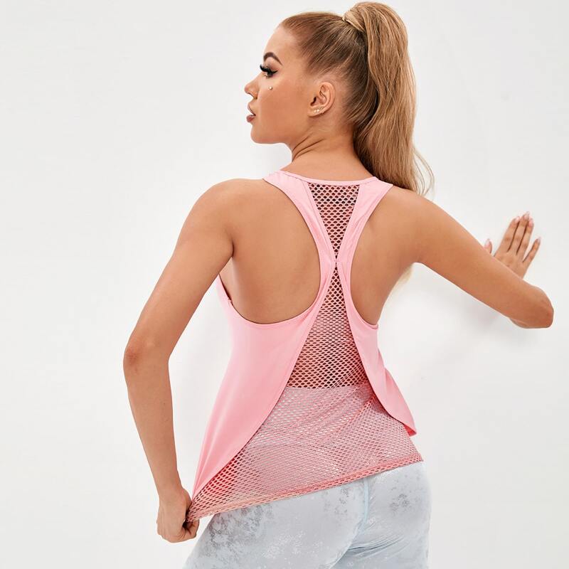 

Fishnet Panel Solid Sports Tank Top, Baby pink