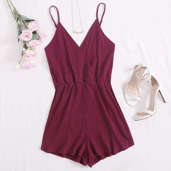 

Surplice Neck Rib-knit Slip Romper, Maroon