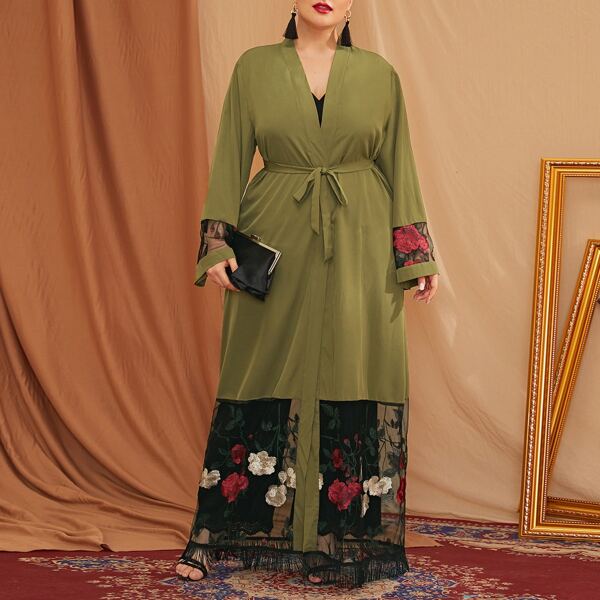 

Plus Floral Embroidery Mesh Panel Kimono, Olive green
