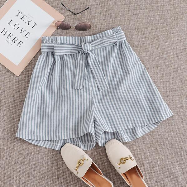 

Striped Print Belted Wide Leg Shorts, Blue and white