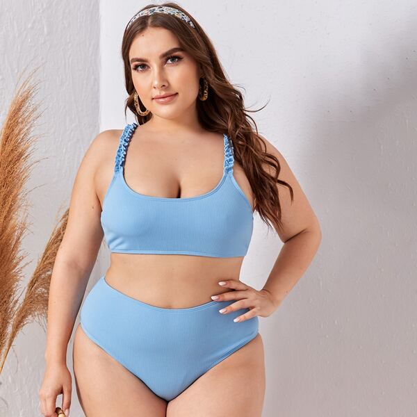

Plus Frill Strap High Waisted Bikini Swimsuit, Pastel baby blue