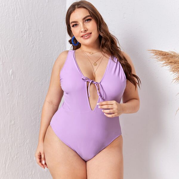 

Plus Tie Front Plunging One Piece Swimsuit, Pastel lilac purple