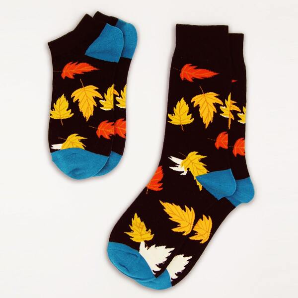 

2pairs Leaf Pattern Socks, Multicolor