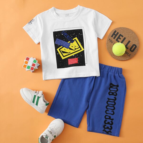 

Toddler Boys Slogan Graphic Tee With Track Shorts, Blue and white