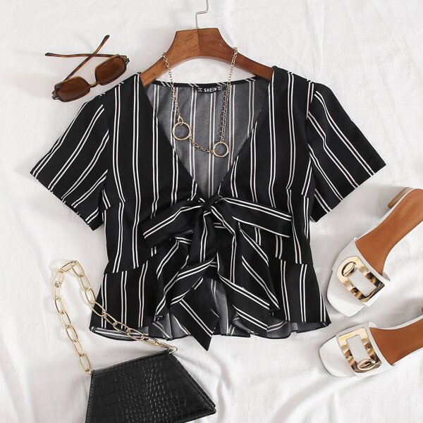 

Tie Front Striped Peplum Top, Black
