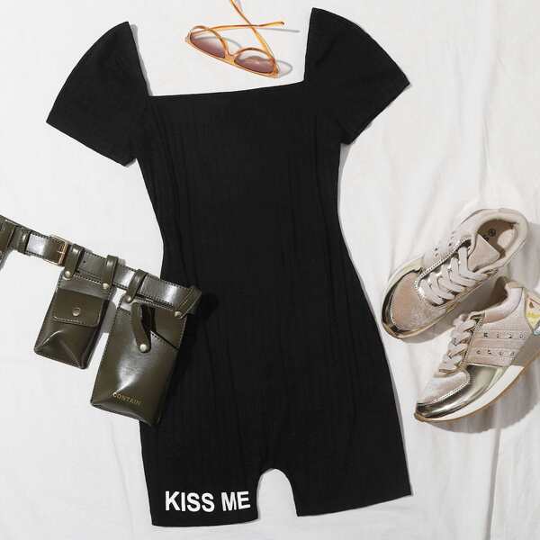 

Rib-knit Slogan Graphic Unitard Romper, Black