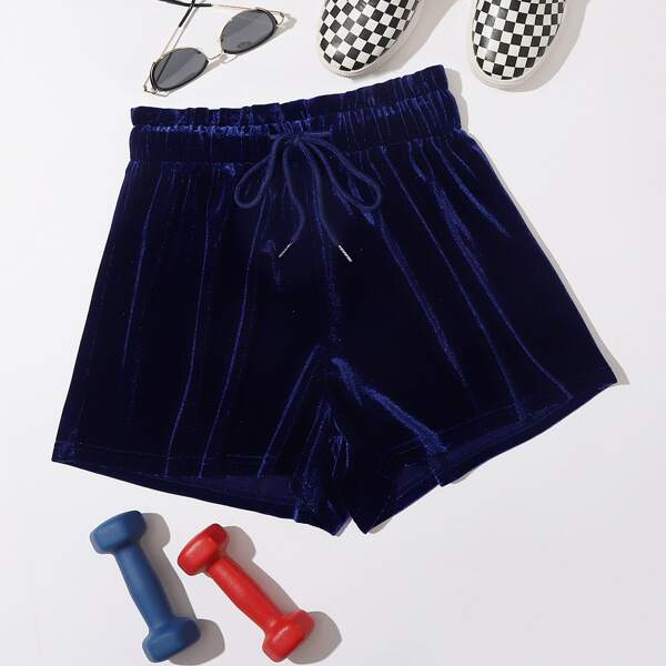 

Drawstring Paperbag Waist Velvet Shorts, Navy blue