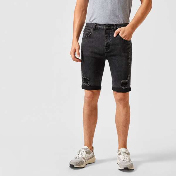 

Men Ripped Rolled Hem Bermuda Denim Shorts, Black