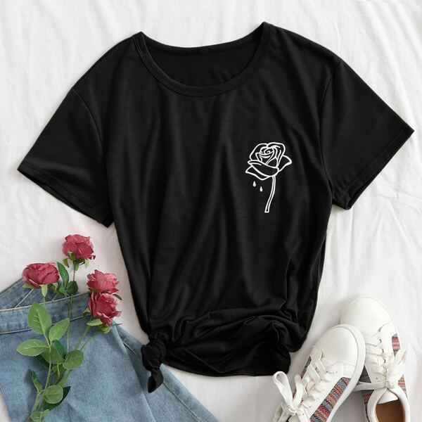 

Floral Print Drop Shoulder Tee, Black