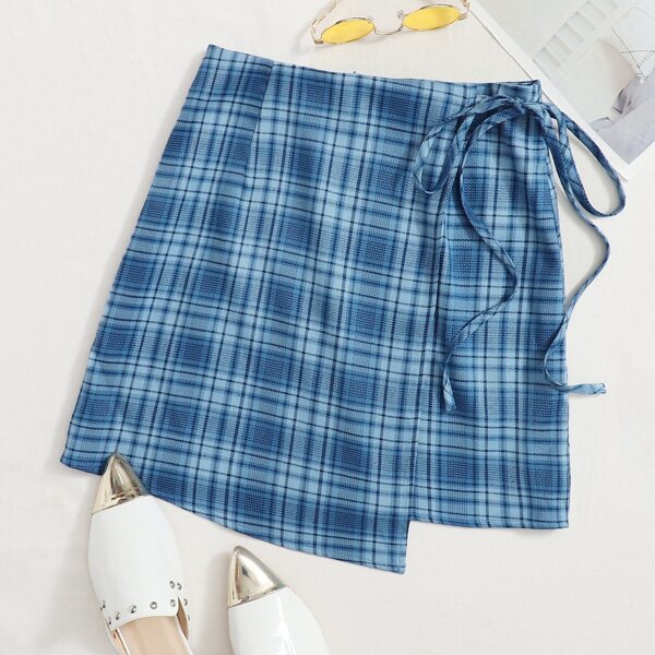 

Wrap Tie Side Tartan Skirt, Blue