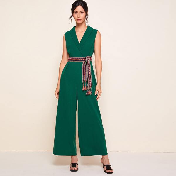 

Shawl Collar Tribal Belted Palazzo Jumpsuit, Dark green