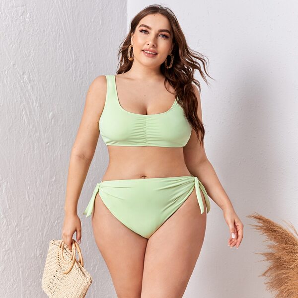 

Plus Ruched Tie Side Bikini Swimsuit, Green pastel