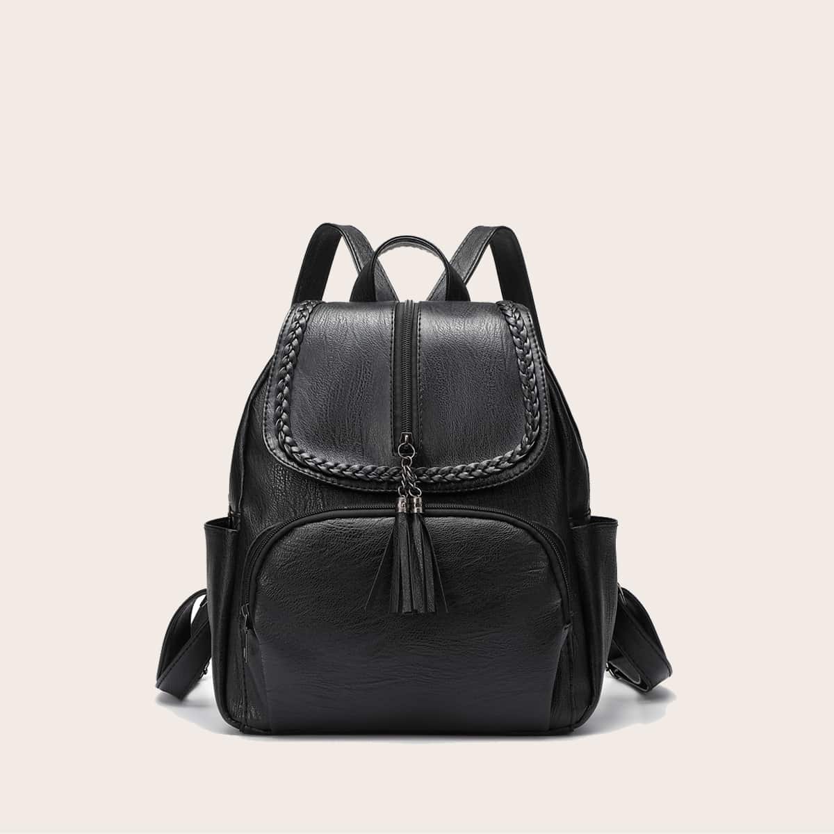 

Tassel Decor Flap Backpack, Black
