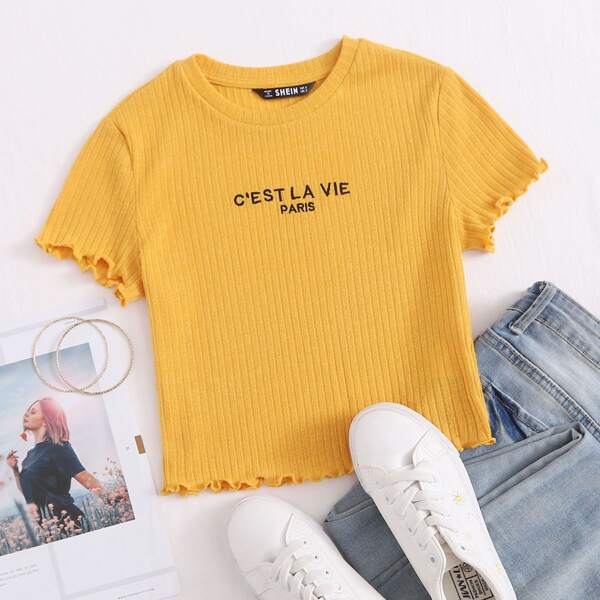 

Slogan Embroidered Lettuce Edge Rib-knit Tee, Mustard yellow