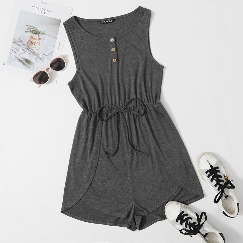 

Buttoned Front Surplice Hem Romper, Dark grey