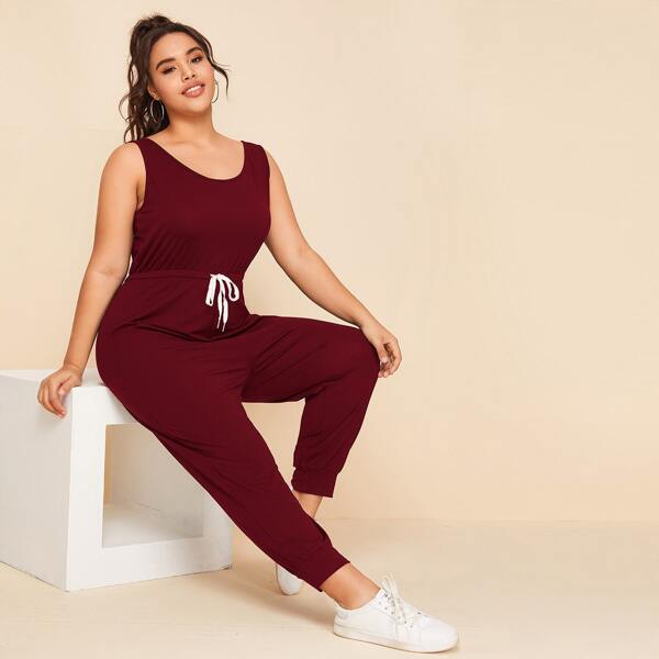 

Plus Drawstring Waist Tank Jumpsuit, Burgundy