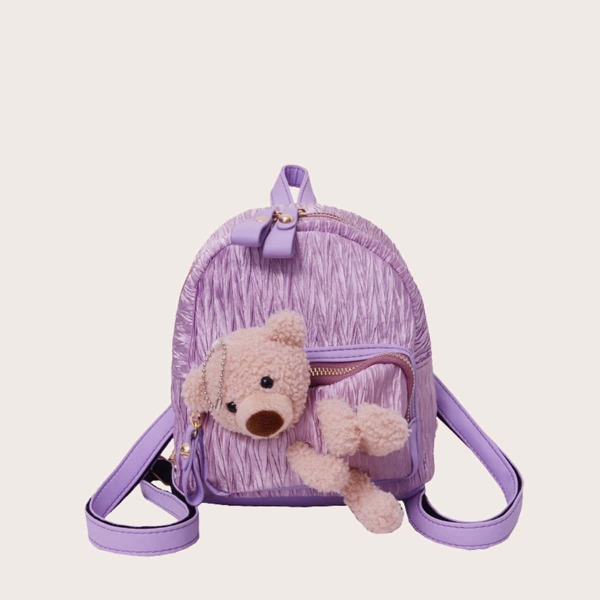 

Ruched Cartoon Bear Appliques Backpack, Purple