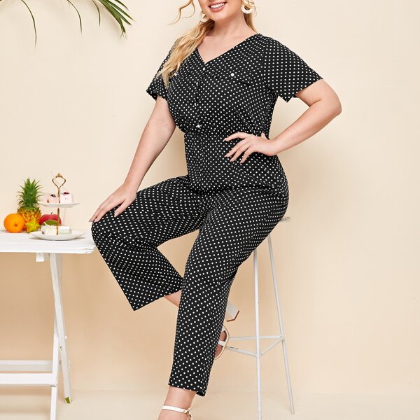 

Plus Polka Dot Button Front Jumpsuit, Black and white