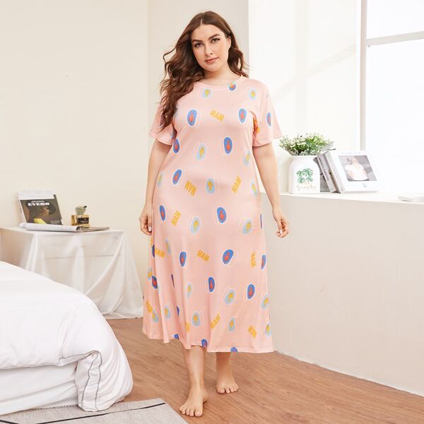 

Plus Cartoon Graphic Nightdress, Baby pink