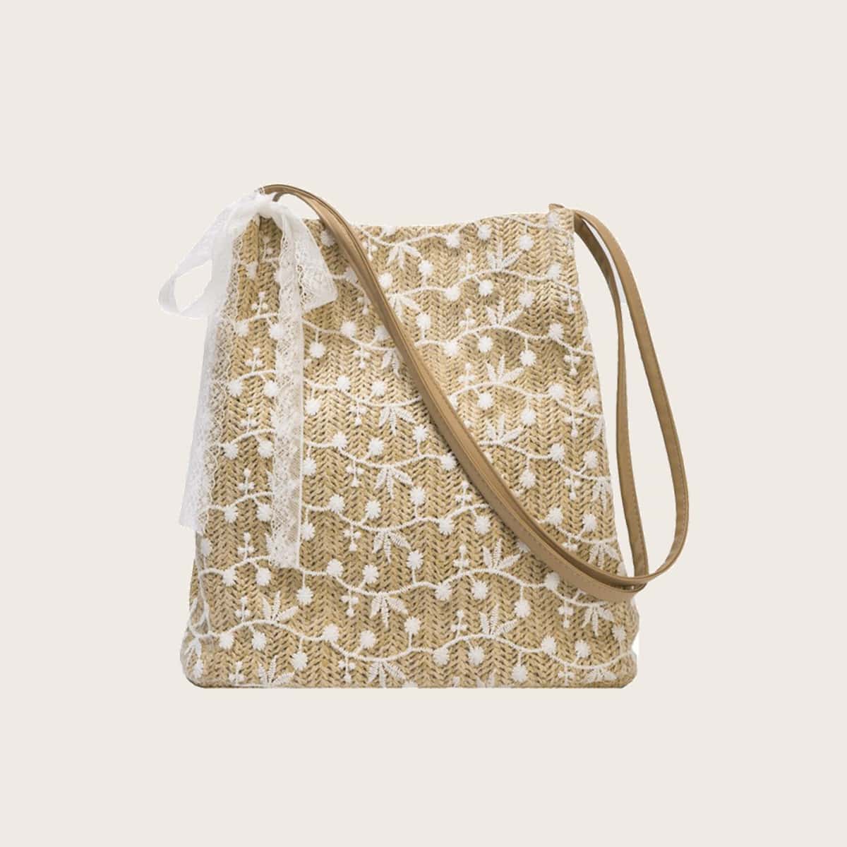 

Floral Embroidery Straw Tote Bag, Khaki