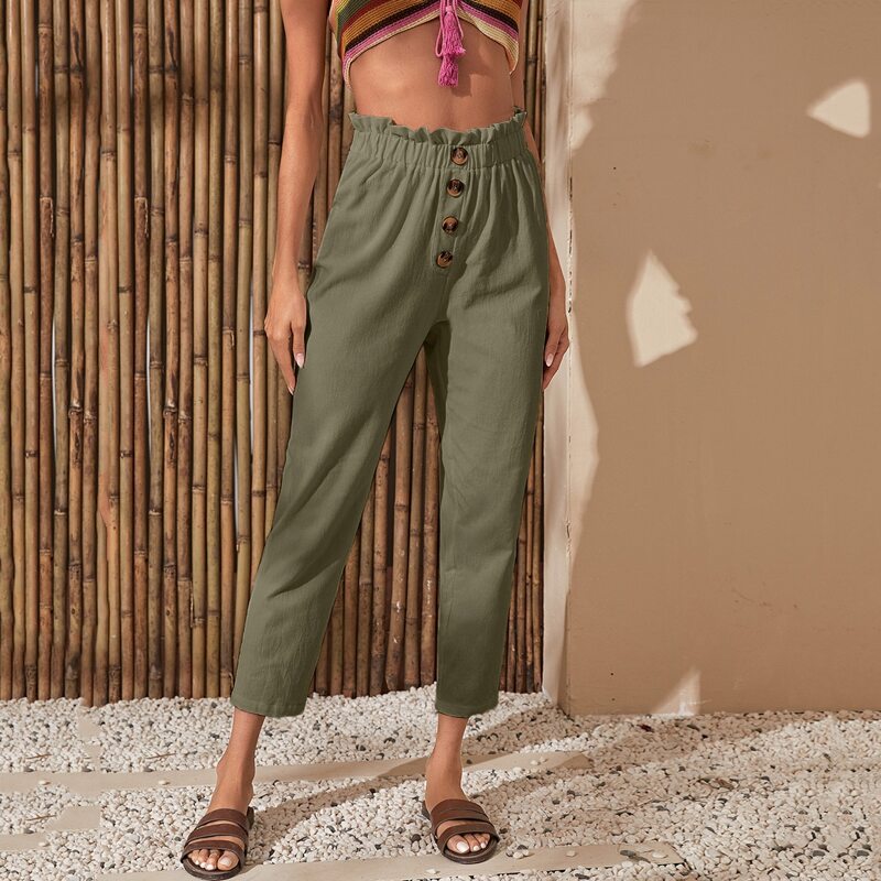 

Paperbag Waist Button Front Pants, Army green