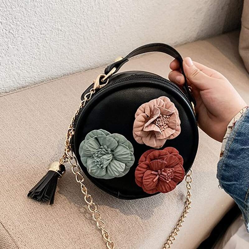 

Floral Appliques Round Satchel Bag, Black